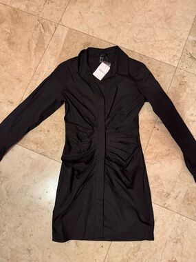 Forever 21 Black Ruched Long-Sleeve Shirt Dress